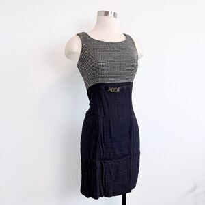 Vintage Alison Che Tweed Navy Blue Mini Dress S Buckle Checkered Plaid
